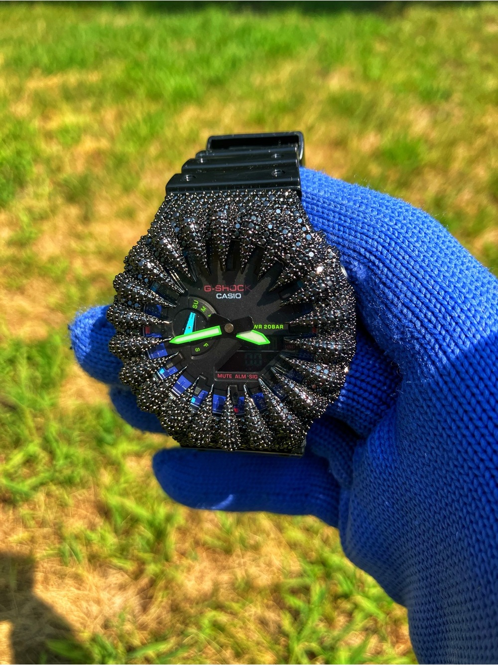 Custom G Shock Black and Purple Colorway with black moissanite bezel